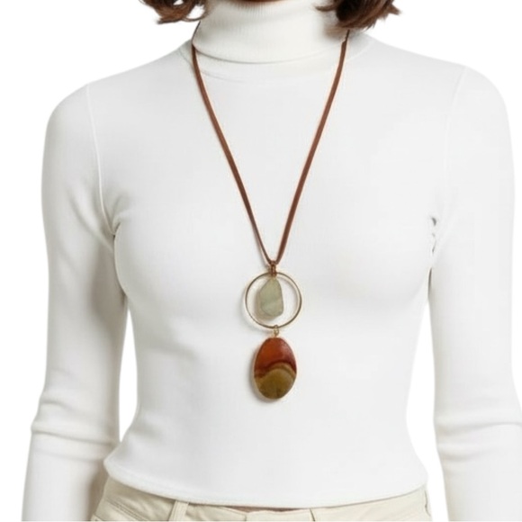 Serefina Long Pendant Statement Necklace Natural Stones and Gold-Tone Circle - Picture 3 of 11